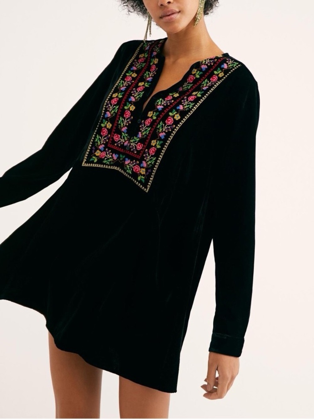 Free People Always Forever Black Velvet Mini Dress Floral Needlepoint Sz XS